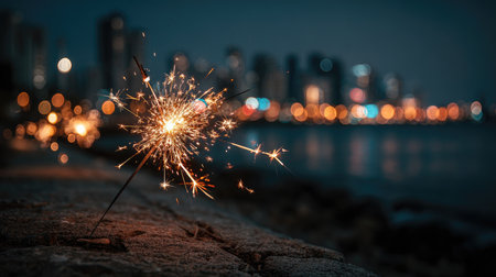 A stunning sparkler shines in the foreground, capturing the beauty of celebration. The blurred city lights create a magical bokeh effect, enhancing the nighttime vibe.の素材