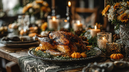 A beautifully arranged Thanksgiving dinner table featuring a golden roasted turkey. Surrounded by candles, pumpkins, and vibrant autumn decor, creating a warm ambiance.の素材