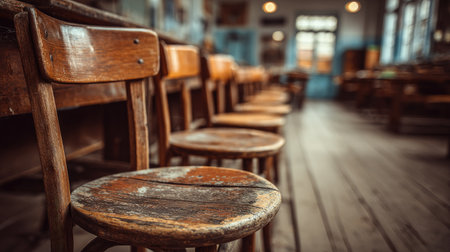 This image captures a row of vintage wooden chairs in a cozy classroom, showcasing rustic charm and inviting warmth. The soft light enhances the nostalgic atmosphere.の素材