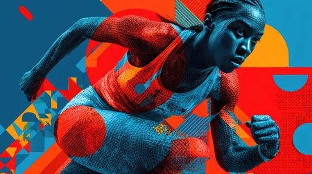 This striking artwork showcases a female athlete in mid-run, surrounded by vivid colors and geometric shapes, symbolizing energy and determination in sport.の素材