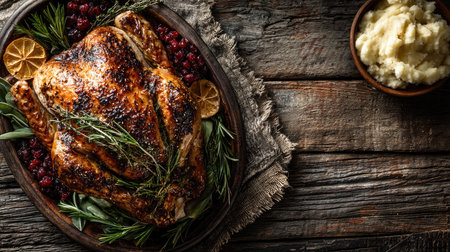 A beautifully roasted turkey sits on a rustic wooden table, surrounded by fresh herbs and seasonal fruits, perfect for a Thanksgiving feast.の素材