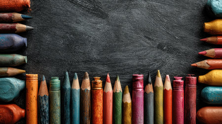 A colorful assortment of art supplies including crayons, pastels, and colored pencils neatly arranged on a textured dark background, perfect for creative projects.の素材