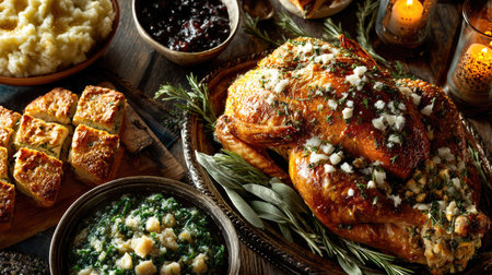 A beautifully arranged roasted turkey platter surrounded by savory side dishes, garnished with herbs and illuminated by flickering candles, perfect for festive gatherings.の素材