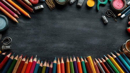 A stunning arrangement of colorful pencils and various art supplies laid out on a dark background, ideal for showcasing creativity and artistic projects.の素材