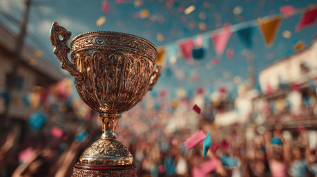 A stunning golden trophy captures attention in a festive environment filled with colorful confetti and cheerful decorations, symbolizing victory and celebration.の素材