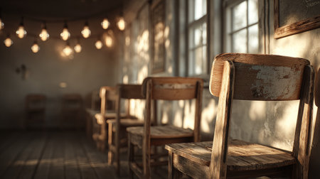 A serene interior scene featuring rustic wooden chairs arranged neatly. Warm light from hanging bulbs adds a cozy ambiance, perfect for creative projects.の素材