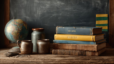 A beautifully arranged vintage classroom scene showcasing a globe, stacked books, and rustic jars on a wooden table beside a chalkboard.の素材