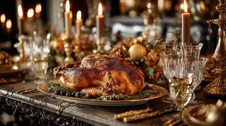 A beautifully arranged Thanksgiving dinner table showcasing a golden brown roast turkey surrounded by elegant candle decor and crystal glassware. Perfect for celebrating holiday gatherings with family and friends.の素材