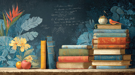 This vibrant still life features vintage books, tropical flowers, and decorative objects on a shelf, set against a dark wall, creating a serene atmosphere.の素材