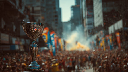 A stunning trophy stands in the foreground while a vibrant crowd gathers in celebration during a lively street festival, showcasing joy and excitement.の素材