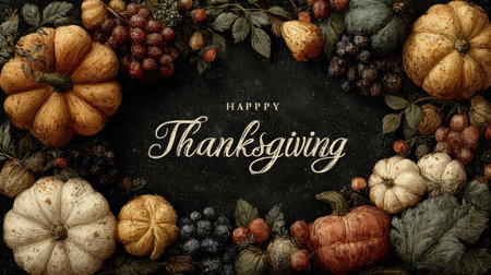 Celebrate the essence of Thanksgiving with this elegant arrangement featuring vibrant pumpkins, luscious grapes, and rich autumn foliage on a dark backdrop.の素材