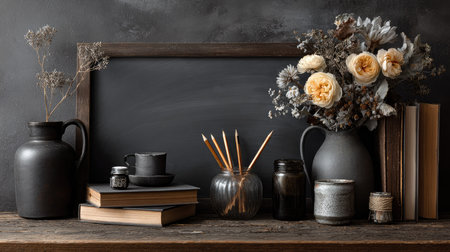 This exquisite still life features a rustic arrangement of flowers in jars, books, and elegant decorative elements against a dark background, creating a warm and inviting atmosphere.の素材