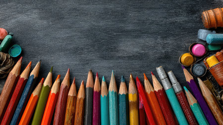 This image features an array of colorful art supplies and pencils arranged neatly on a dark chalkboard background, ideal for creative and educational projects.の素材