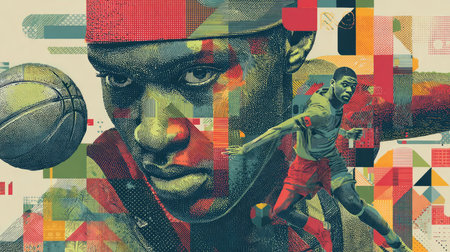 This striking illustration features a basketball player in motion, surrounded by an abstract composition that conveys energy and skill. Ideal for sports and art themes.の素材