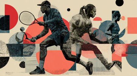 Engaging illustration of tennis players in action, showcasing energy and movement against a vibrant abstract background. Ideal for sport-themed projects.の素材
