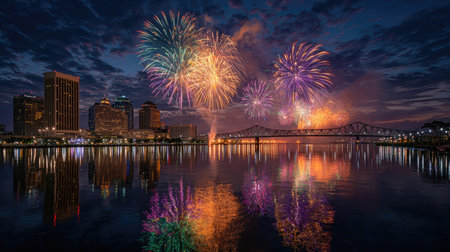A breathtaking scene of colorful fireworks illuminating a city skyline at night, with vibrant reflections shimmering in calm waters, creating a magical atmosphere.の素材