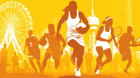 This dynamic image showcases a group of athletes in silhouettes, expressing energy and determination while competing in a vibrant urban landscape.の素材