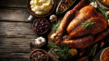A beautifully roasted turkey garnished with fresh herbs served on a rustic wooden table. Accompanied by garlic mashed potatoes and cranberry sauce, this festive dinner invites warmth and celebration. Ideal for autumn gatherings and holiday feasts.の素材