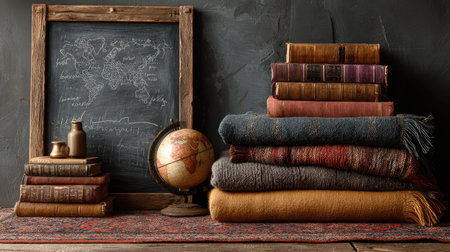 A cozy arrangement of vintage books and textiles, featuring a world map on a chalkboard. Perfect for home decor, education themes, or travel inspiration.の素材