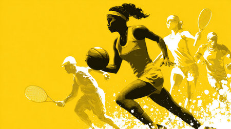 Vibrant illustration of athletes in various sports, highlighting movement and energy. The bright yellow background enhances the dynamic nature of competition.の素材