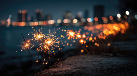 A captivating scene showcases sparklers glowing near water, framed by a blurred city skyline at night. This image evokes celebration and joy.の素材