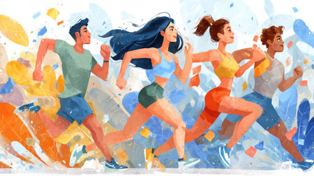 A vibrant illustration depicting a group of young athletes running energetically against a colorful abstract background, showcasing the essence of fitness and teamwork.の素材