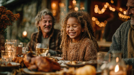 This touching image captures a joyful family gathering around a rustic table laden with a delicious feast, embodying warmth and togetherness.の素材