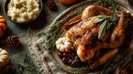 A beautifully arranged roasted chicken garnished with fresh herbs, surrounded by seasonal vegetables and creamy mashed potatoes, perfect for festive gatherings.の素材