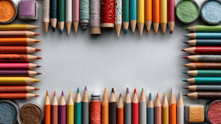 This image showcases a vibrant collection of art supplies, including colored pencils, crayons, and paints arranged creatively on a white surface, perfect for inspiring artistic projects.の素材