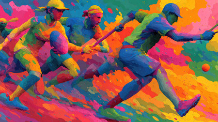 This vibrant abstract illustration captures the dynamic essence of athletes in motion, showcasing powerful movement and vivid colors that evoke energy and excitement.の素材