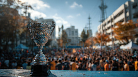 The image showcases a sparkling trophy prominently displayed in focus, set against a vibrant crowd at an outdoor event. The atmosphere radiates excitement and celebration, capturing a moment of achievement in a lively festival setting.の素材