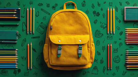 This image showcases a vibrant yellow backpack centered on a rich green background, surrounded by colorful pencils and school supplies, perfect for educational themes.の素材