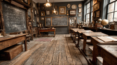 Discover a nostalgic vintage classroom filled with wooden desks, chalkboards, and historical decor, creating a warm and inviting atmosphere for learning.の素材