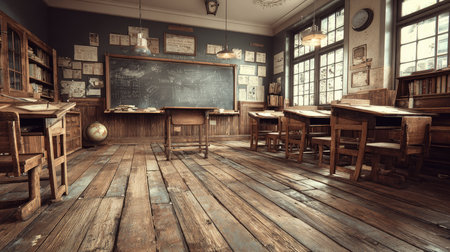 A charming vintage classroom interior featuring wooden desks and a chalkboard, evoking a sense of nostalgia and warmth. Perfect for educational and historic themes.の素材