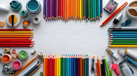 Vibrant and colorful art supplies are beautifully arranged on a light wooden surface, ideal for creative projects and educational purposes.の素材