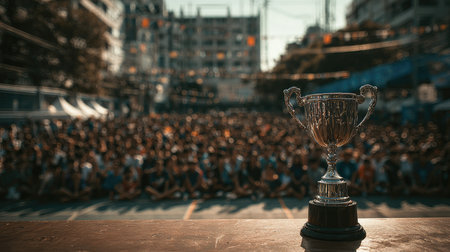 A beautifully crafted trophy stands prominently in the foreground, capturing the essence of celebration against a lively crowd attending a competition event.の素材