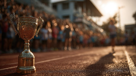 A stunning trophy stands proudly in the foreground, reflecting sunlight as a crowd celebrates during an athletic event at sunset. The atmosphere is filled with joy, success, and energetic emotions.の素材