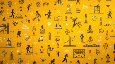 This vibrant yellow background features a collage of hand-drawn icons representing various sports and leisure activities, perfect for creative projects.の素材
