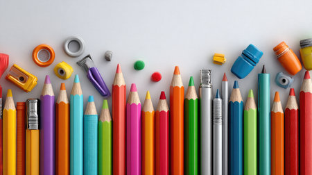 A vibrant collection of colored pencils and art supplies arranged neatly on a light background, perfect for creative projects or educational purposes.の素材