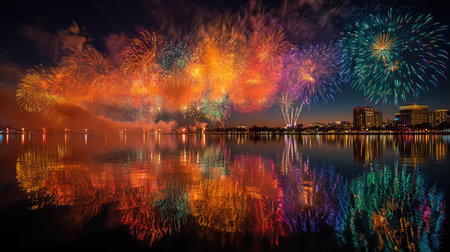 A breathtaking display of colorful fireworks lights up the night sky over a serene body of water, reflecting a vibrant cityscape and evoking a sense of joy.の素材