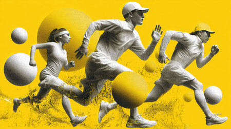 Energetic image depicting runners in motion against a bright yellow backdrop, blending action and abstract elements for a vibrant sports theme.の素材