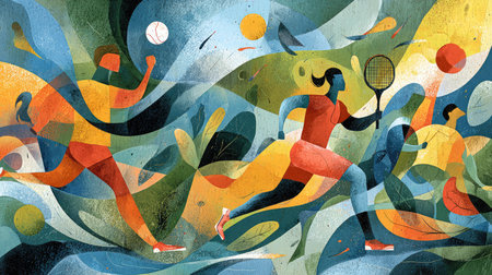 This vibrant abstract illustration captures athletes engaged in various sports, showcasing movement and energy through dynamic colors and shapes.の素材