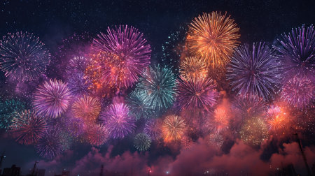 A breathtaking display of colorful fireworks lights up the night sky above a cityscape, creating a vibrant scene filled with excitement and joy.の素材