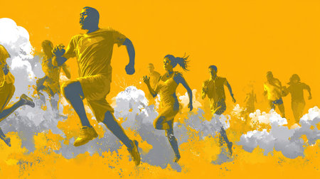 A lively scene depicting a group of diverse runners in motion, showcasing energy and vitality against a vivid yellow backdrop filled with stylized clouds.の素材