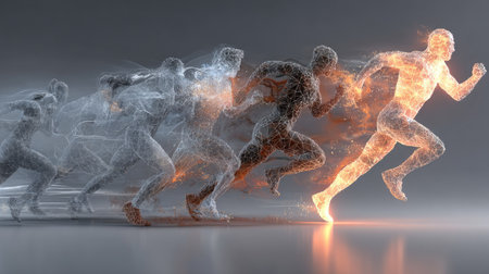 This striking image showcases the concept of speed and dynamism through abstract figures in motion. It evokes energy and determination associated with athletic performance.の素材