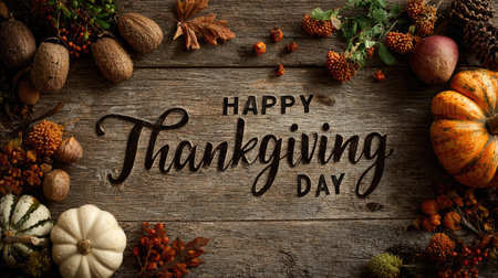 A warm and inviting Thanksgiving scene featuring pumpkins, nuts, and autumn foliage arranged on a rustic wooden surface, perfect for seasonal festivities.の素材