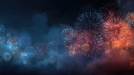 A stunning fireworks display lights up the dark night sky with vibrant colors, creating a magical atmosphere perfect for celebrations and special events.の素材