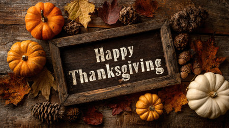 A beautiful arrangement celebrating Thanksgiving with pumpkins, pine cones, and colorful autumn leaves. The rustic wooden background adds warmth and charm.の素材