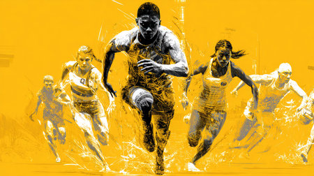 A captivating illustration of athletes sprinting forward against a striking yellow background, showcasing energy, competition, and determination in sports.の素材