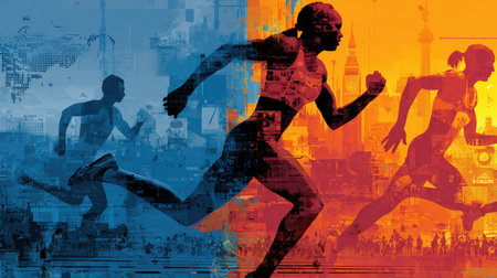 A captivating illustration of dynamic running figures set against a vibrant split color background. The energetic design evokes themes of competition and fitness.の素材